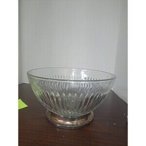 Vintage Ribbed Glass Serving Bowl With Siver Plated Base 10inch